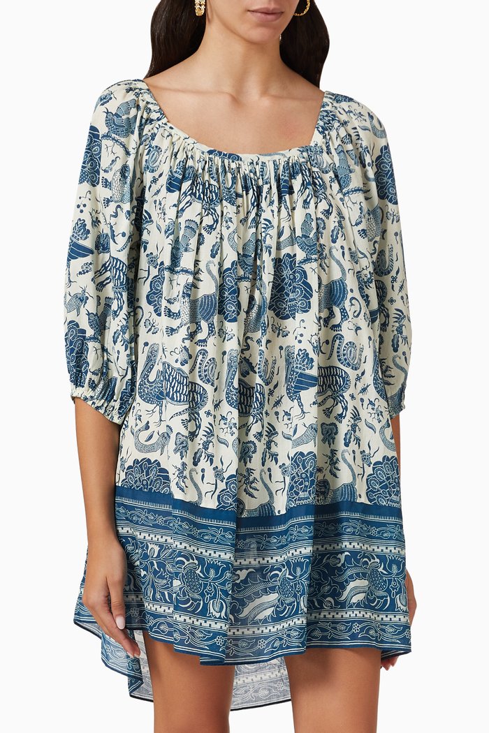 

Ruby Printed Mini Dress in Cotton, Blue