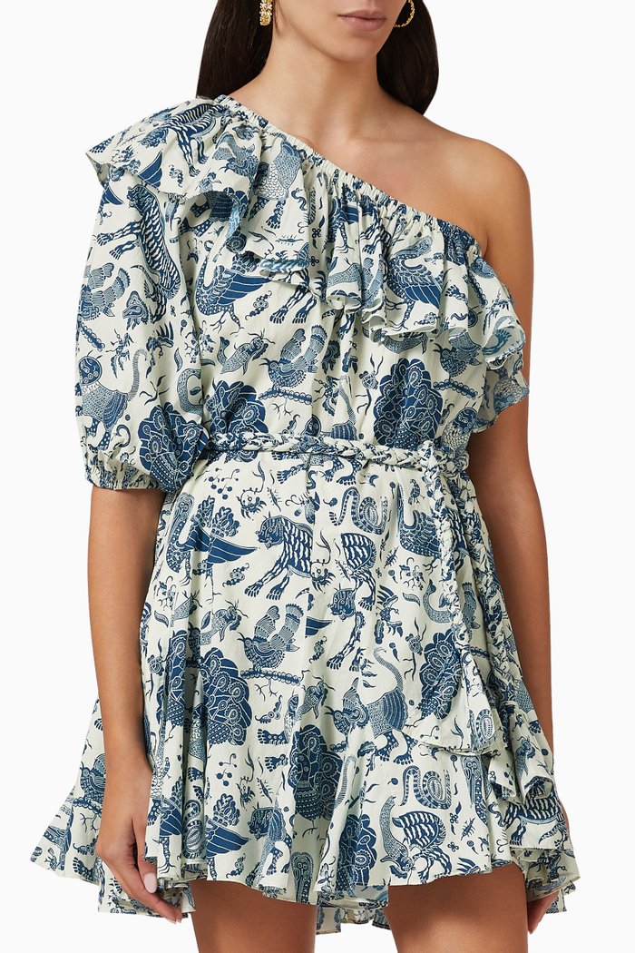 

Ozzie One-shoulder Mini Dress in Cotton, Blue