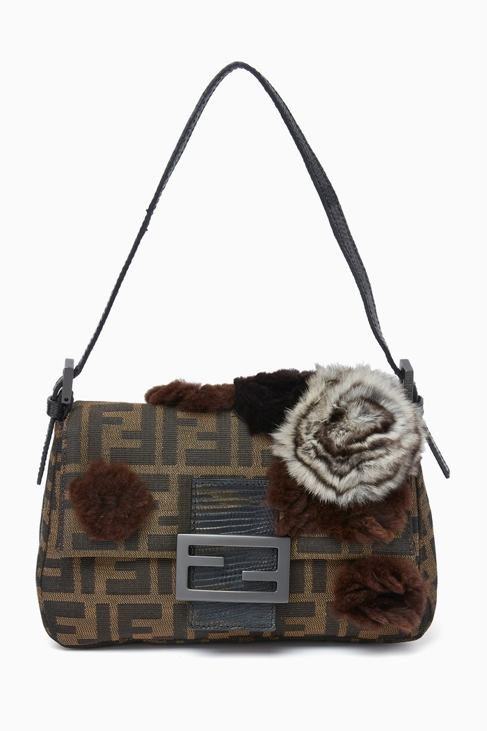 

Mini Fur Flower Baguette Bag in Zucchino Canvas, Brown