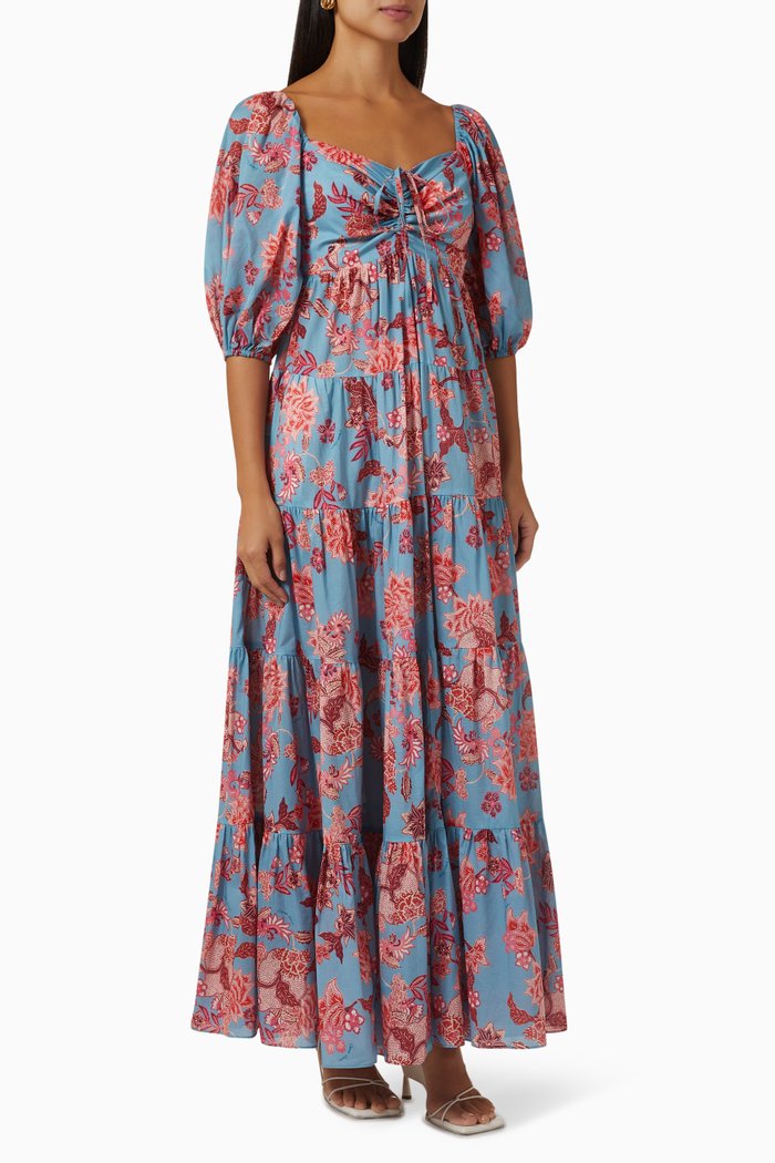 

Quinn Puff-sleeved Maxi Dress in Cotton-voile, Blue