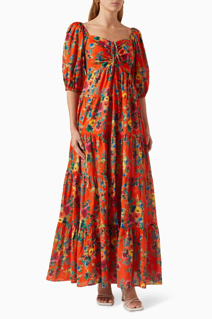 

Quinn Puff-sleeved Maxi Dress in Cotton-voile, Orange