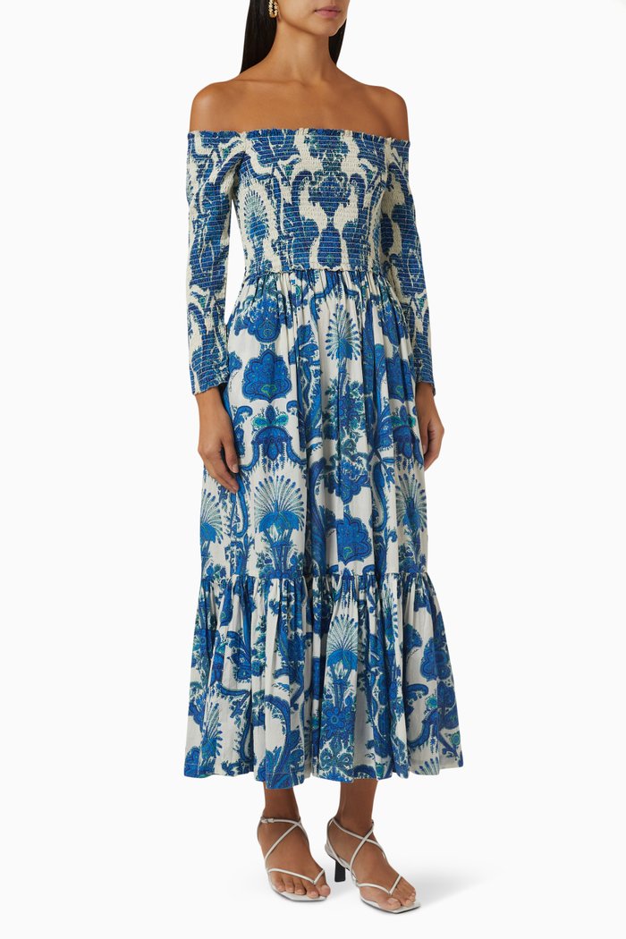 Skylar Off-shoulder Midi Dress in Cotton-voile, Blue
