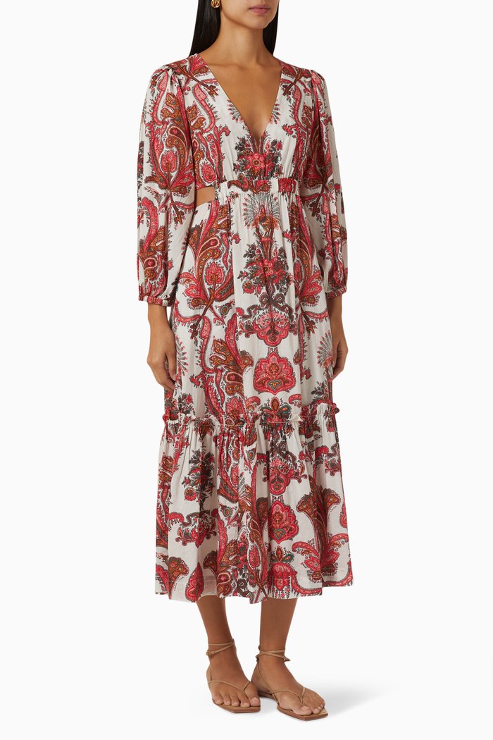 

Alice Puff-sleeved Midi Dress in Cotton-voile, Orange