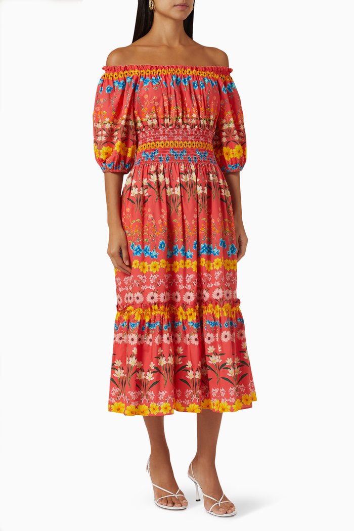 

Mimi Smocked Midi Dress in Cotton-poplin, Orange