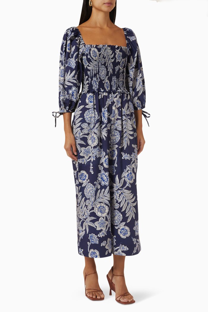 

Jazzy Smocked Straight-leg Jumpsuit in Cotton-poplin, Blue