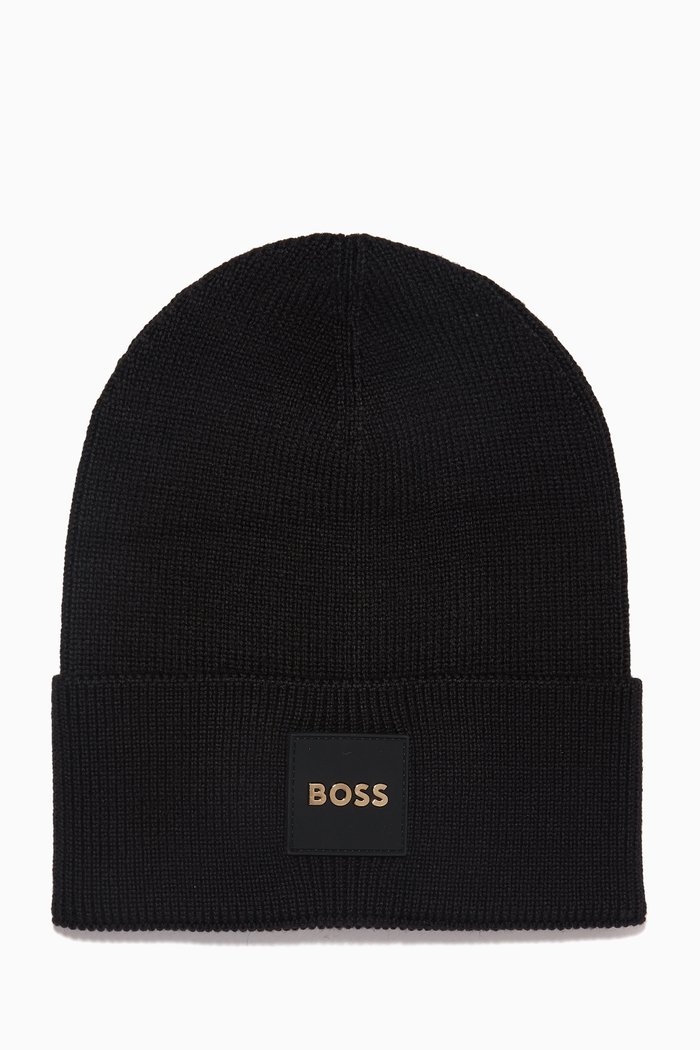 

Logo Patch Beanie in Wool Blend, Black