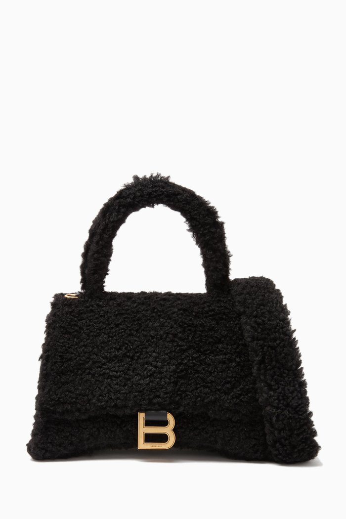 

Small Hourglass Bag in Faux Shearling, Black