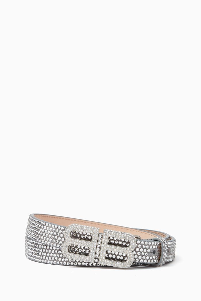 

BB Embellished Hourglass Thin Belt in Leather, Grey