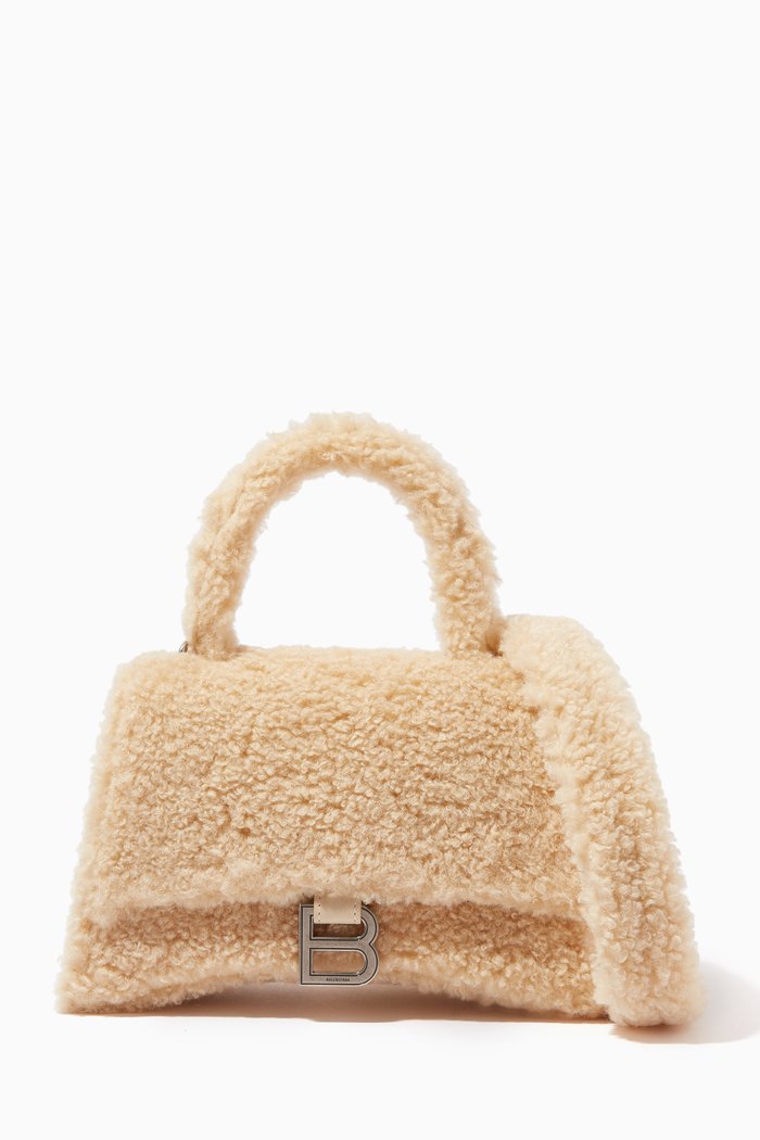 

Small Furry Hourglass Top-handle Bag in Faux Shearling, Neutral