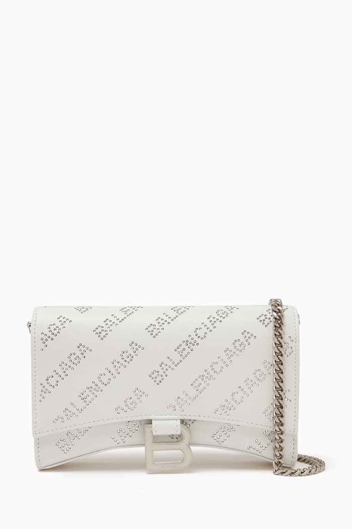 

Hourglass Rhinestones Wallet On Chain in Leather, White
