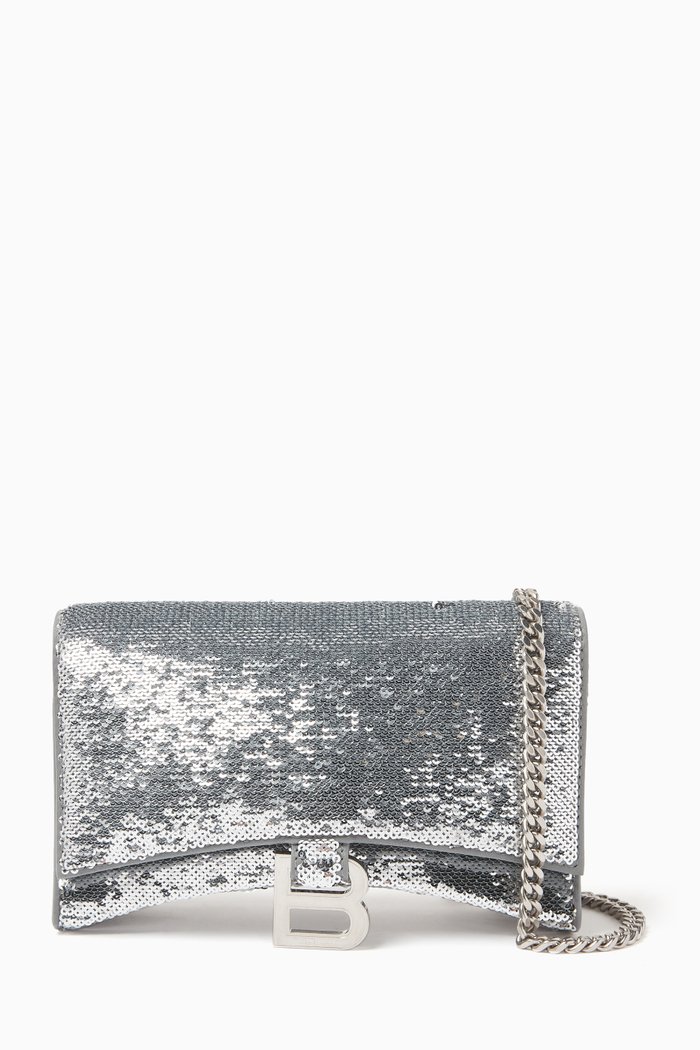 

Hourglass Mini Wallet on Chain in Sequins & Lambskin, Silver