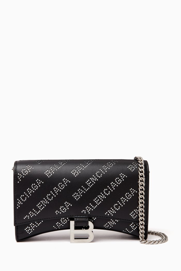 

Hourglass Rhinestone Logo Wallet on Chain in Leather, Black