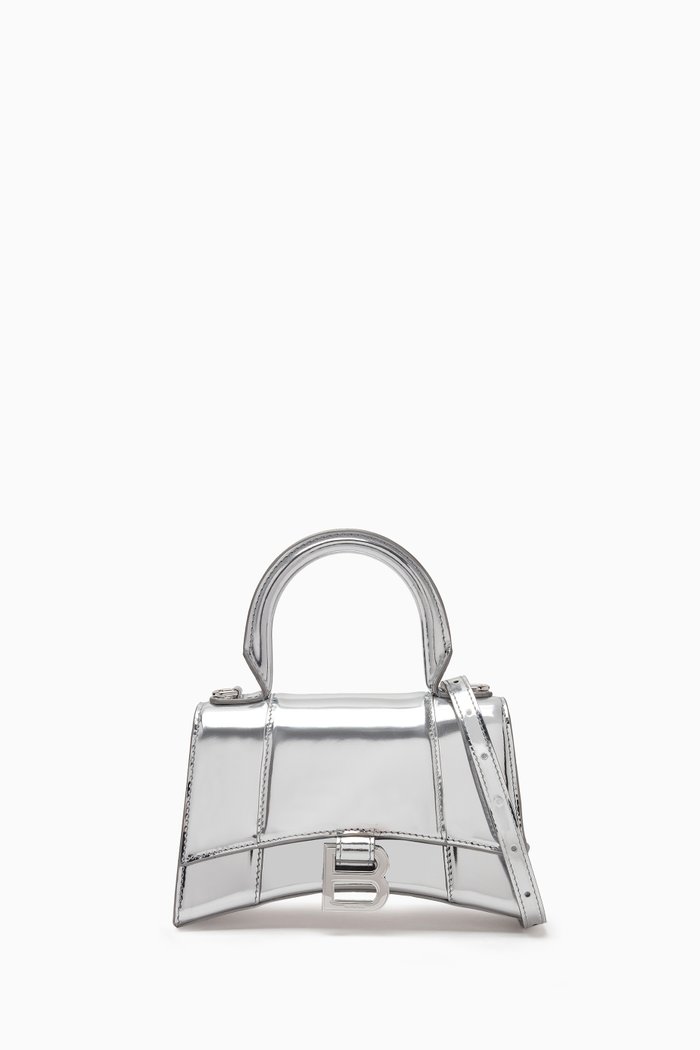 

Hourglass XS Top-handle Bag in Metallic Leather, Silver