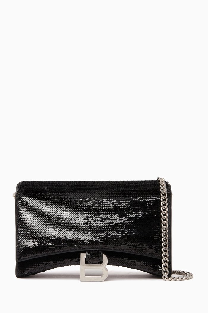 

Hourglass Wallet on Chain in Sequins & Leather, Black
