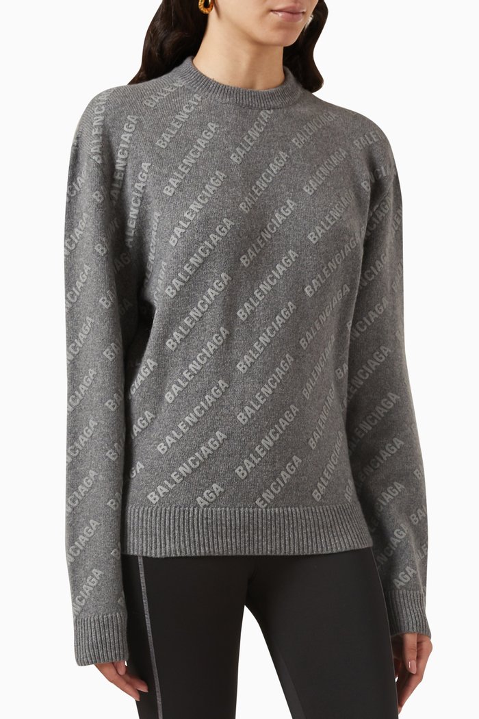 Allover Logo Sweater in Cashmere Reflective Knit, Grey