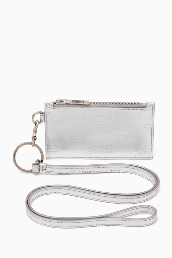 BB Monogram Card Case on Chain in Leather, Silver