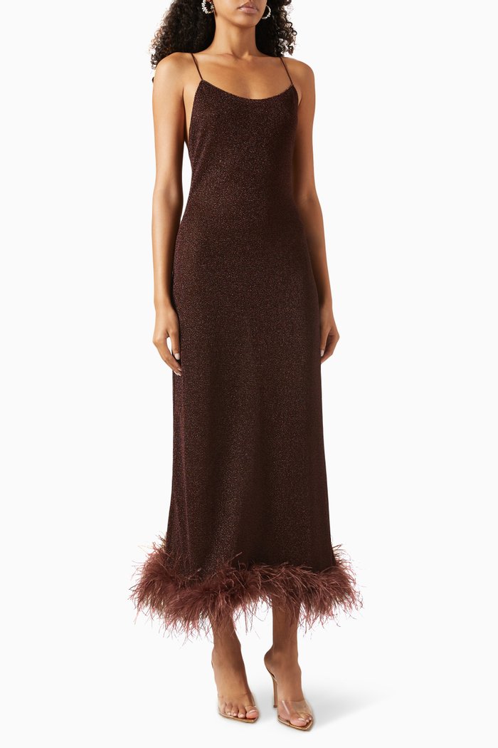 Lumiere Plumage Slip Dress in Lurex, Brown