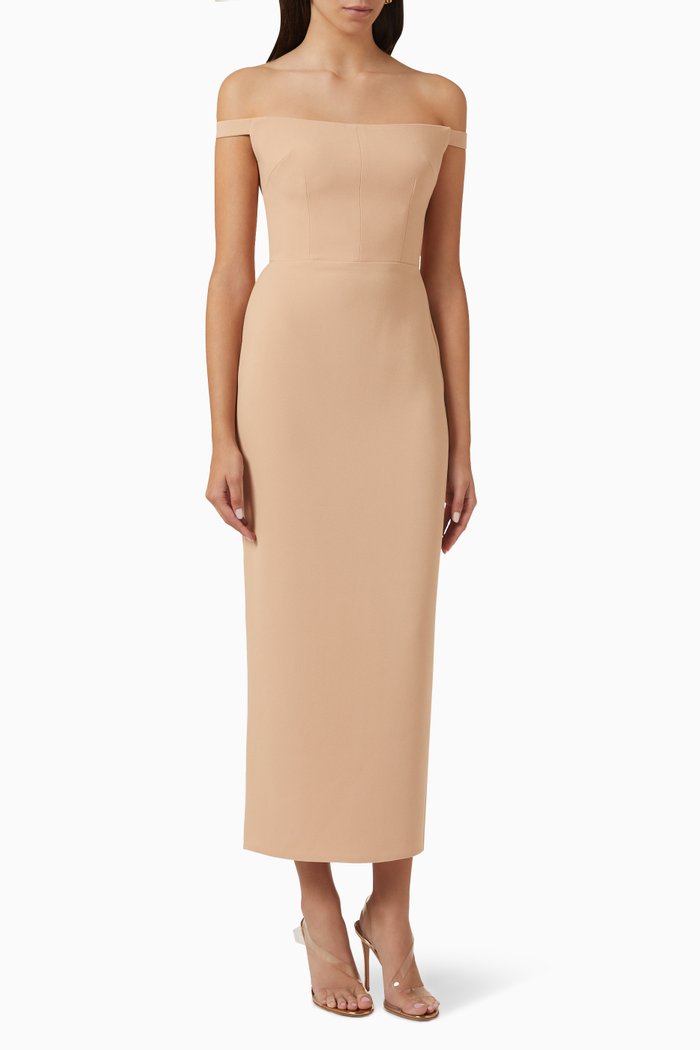 

Tierny Off-shoulder Midi Dress in Stretch Crepe, Neutral