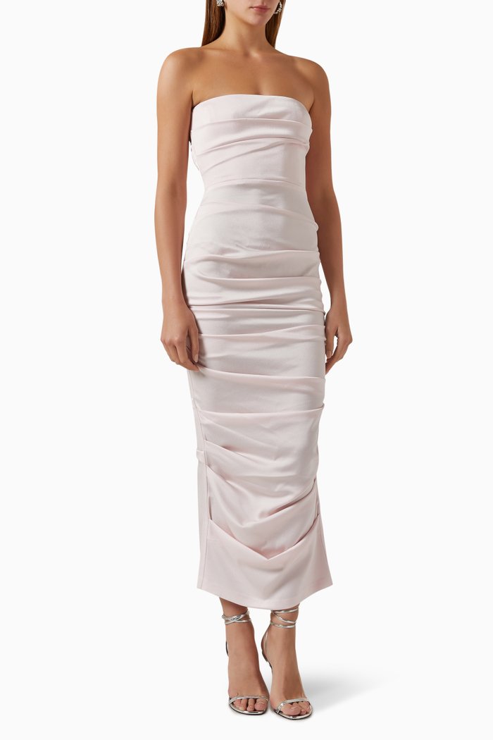 

Ace Tucked Strapless Dress in Satin Crepe, Pink