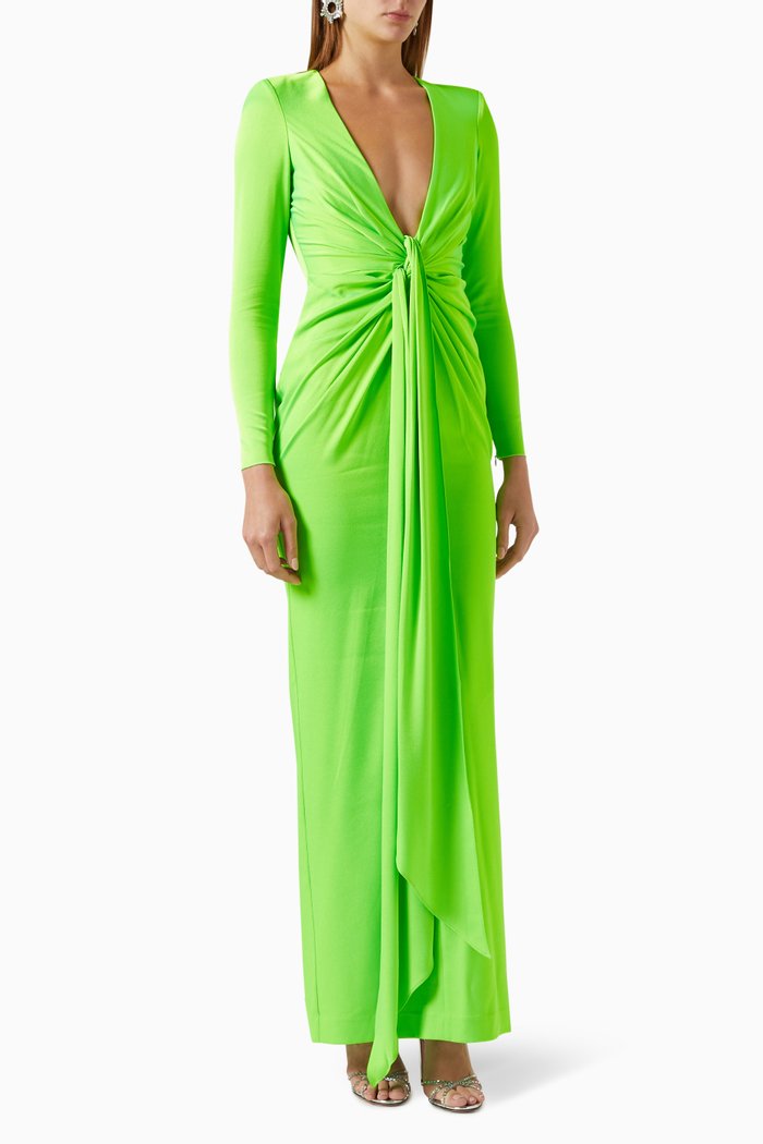 

Banner Tie-front Column Dress in Satin Crepe, Green