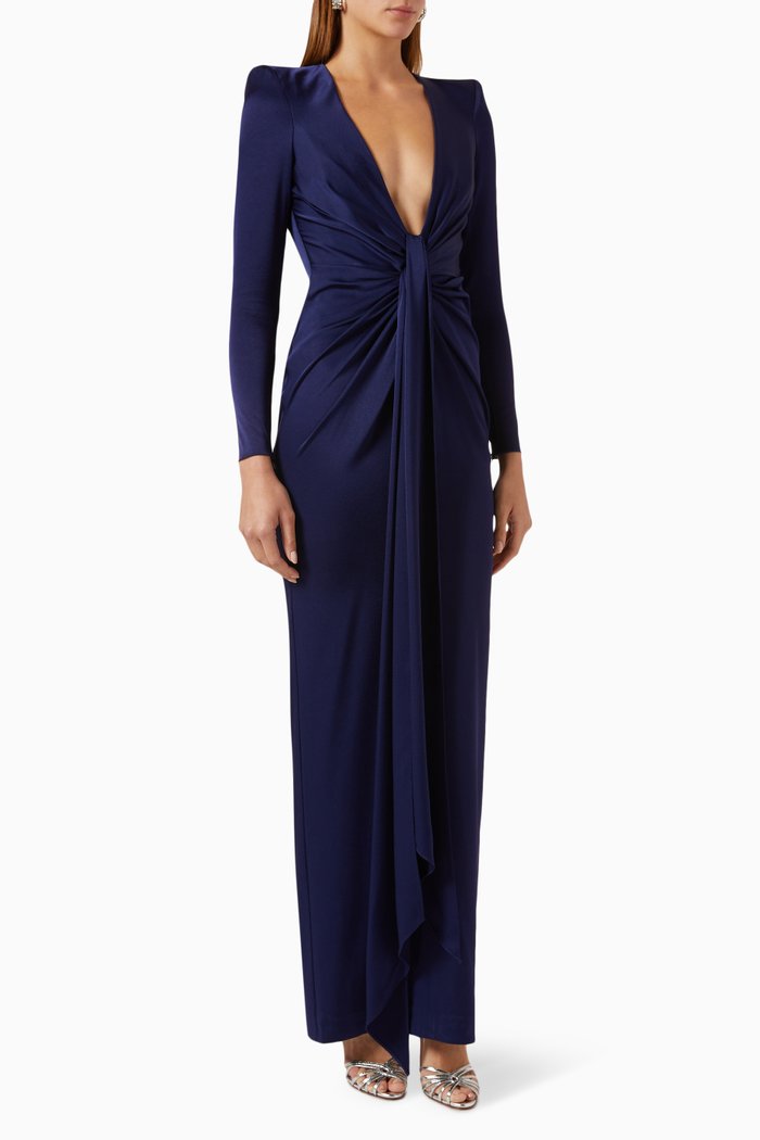 

Banner Tie-front Column Dress in Satin Crepe, Blue