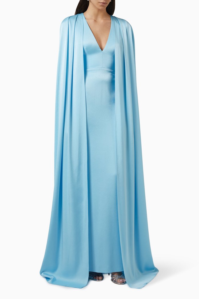 

Hudson Cape Gown in Satin Crepe, Blue