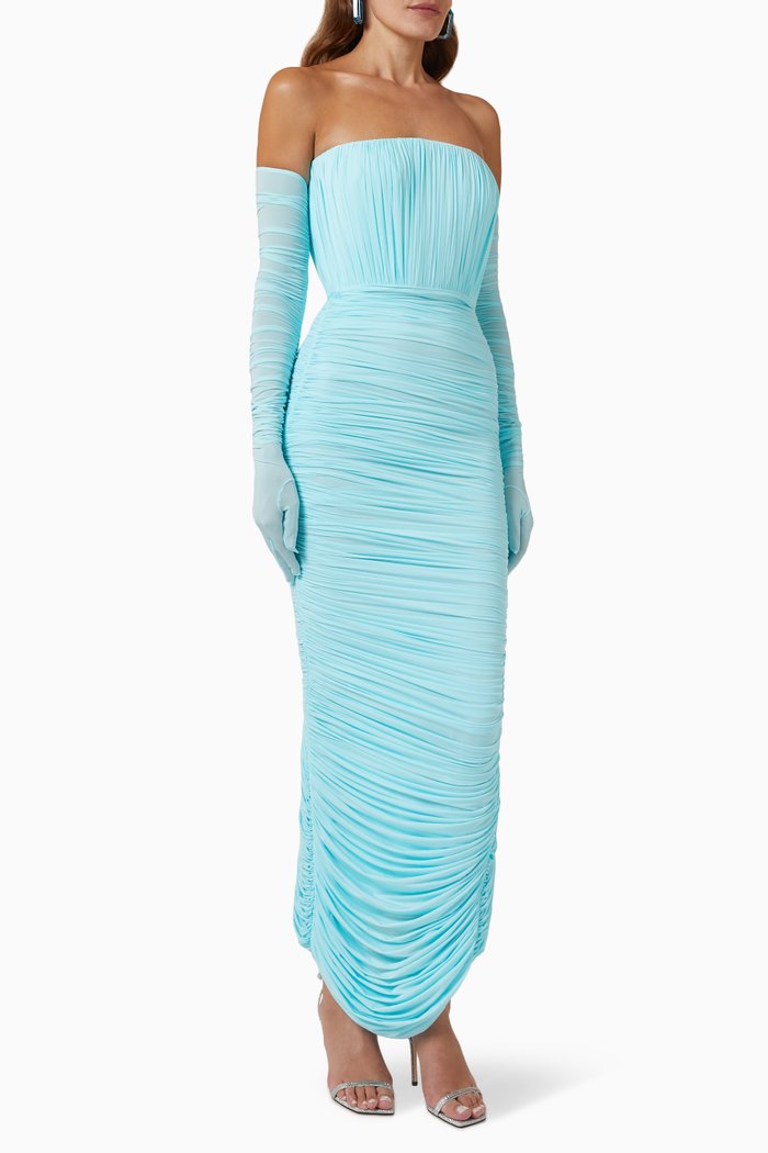 

Padget Ruched Dress with Gloves in Chiffon, Blue