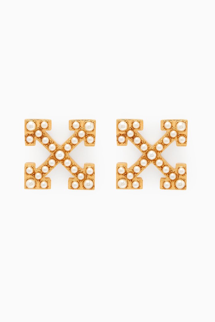 

Pearls Pavé Arrow Stud Earrings in Brass, Gold