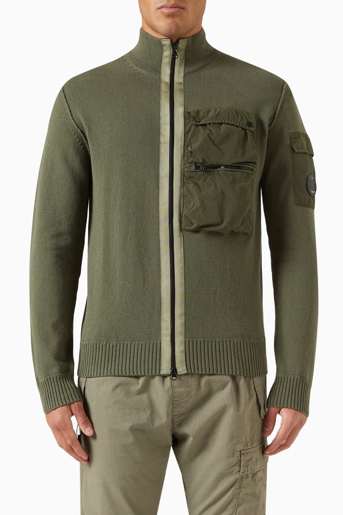 

Mixed Zip Jacket in Cotton Knit, Green