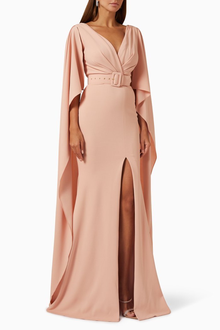

Belted Dramatic Sleeves Gown, Pink