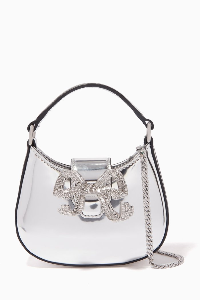 

The Crescent Micro Bow Bag in Metallic Leather, Silver