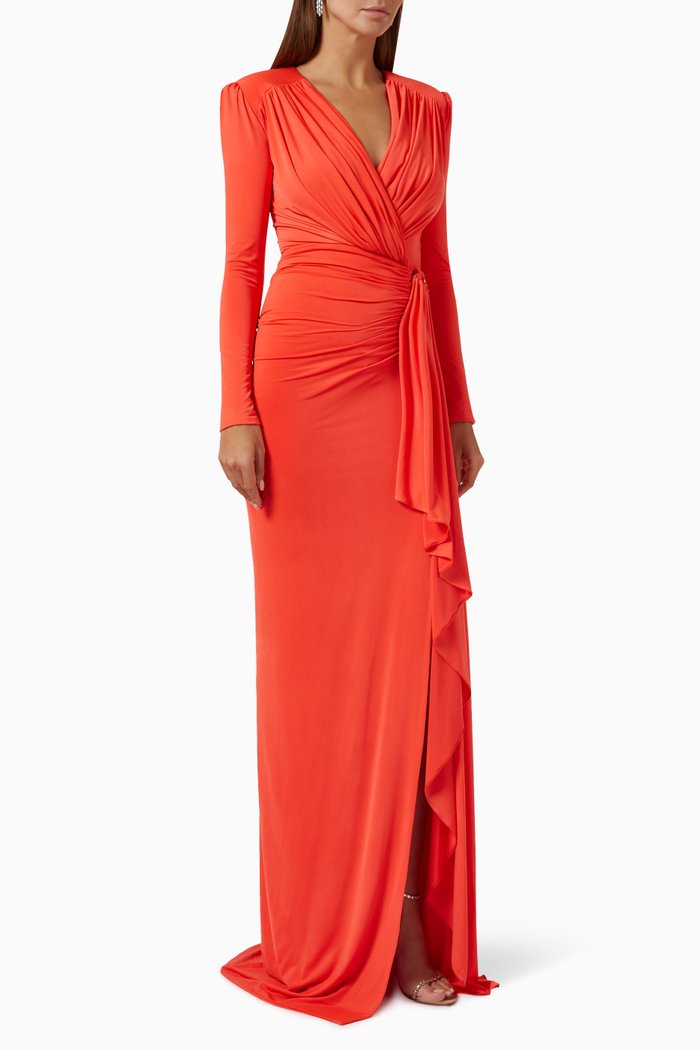 Pleated Ruffle Dress in Jersey, Red