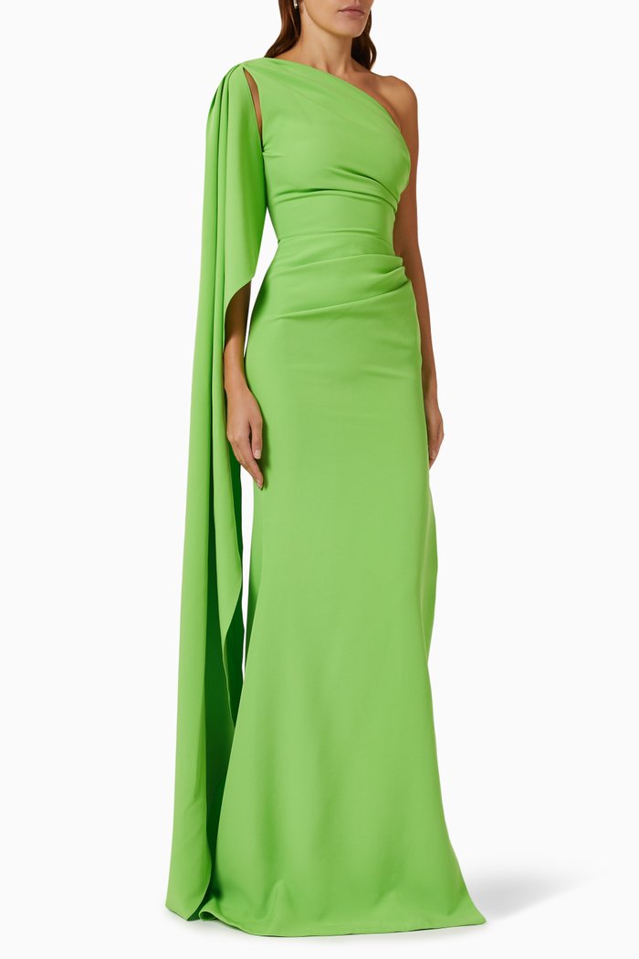 

One-shoulder Exaggerated Sleeve Gown, Green