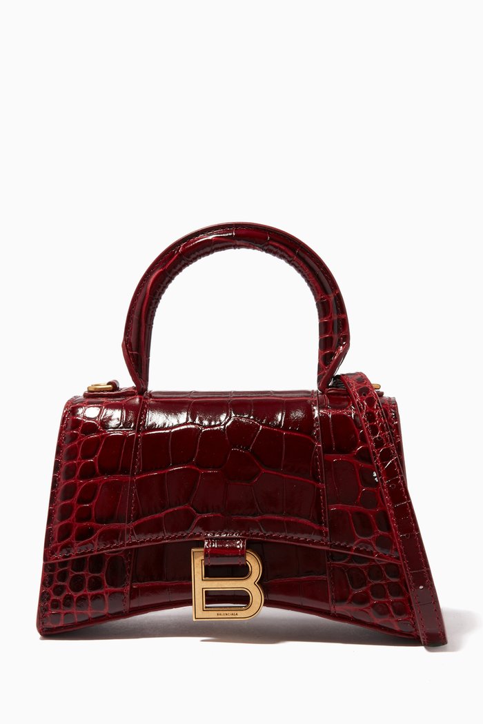 

Hourglass XS Top Handle Bag in Shiny Croc-embossed Leather, Red