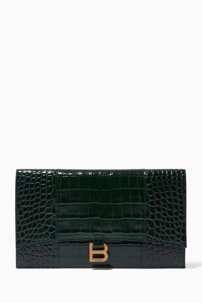 

Hourglass Flat Pouch in Shiny Croc-embossed Leather, Green