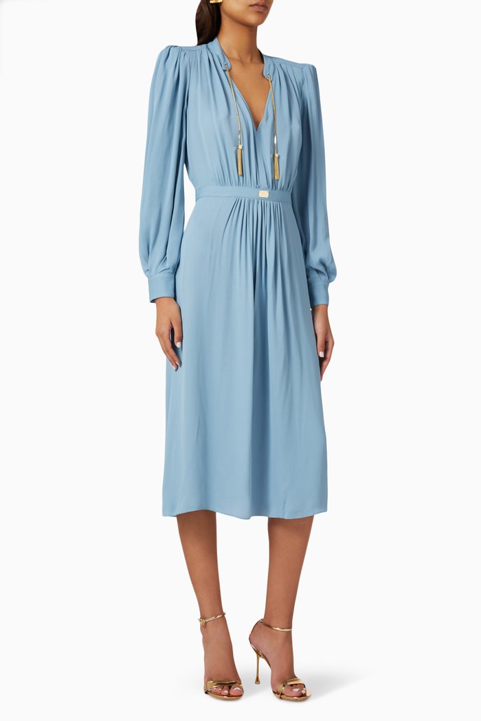 

Tassel Midi Dress in Crepe, Blue