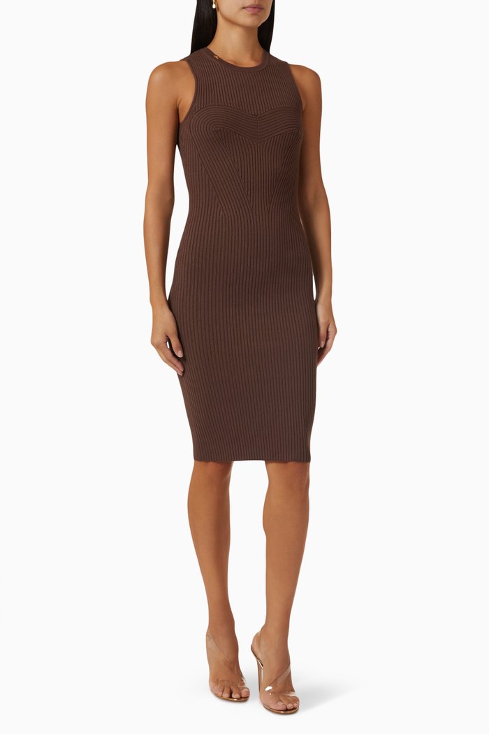 

Ribbed Midi Dress in Knit, Brown