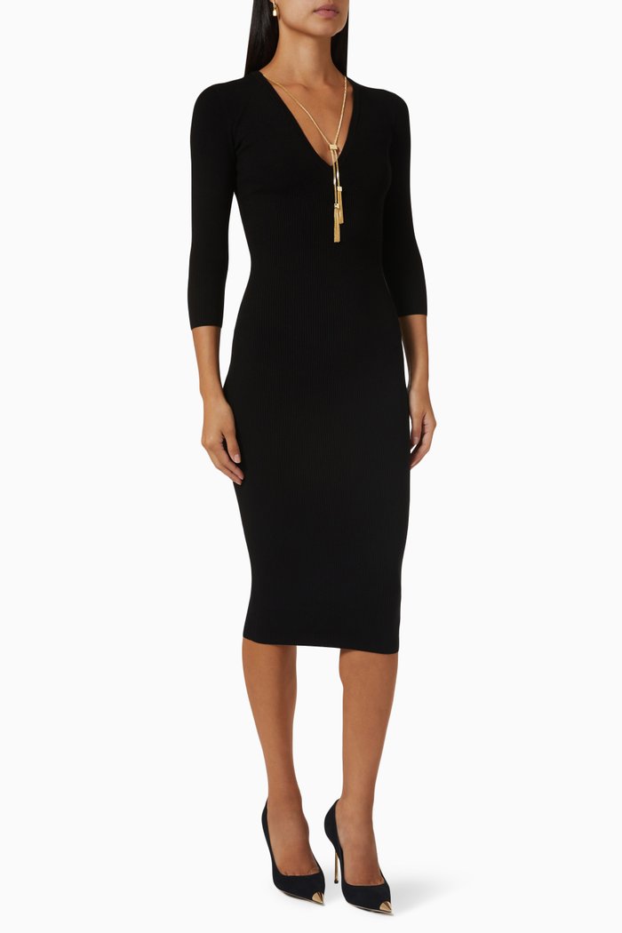Ribbed Midi Dress in Knit, Black