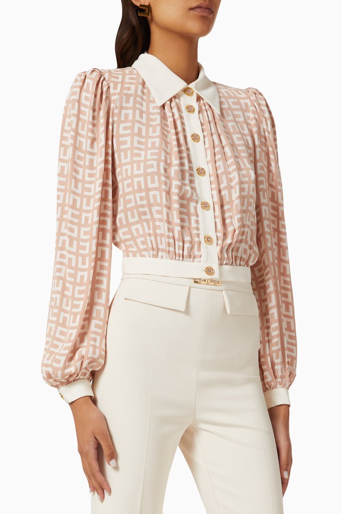 Cropped Logo Blouse in Georgette, Neutral