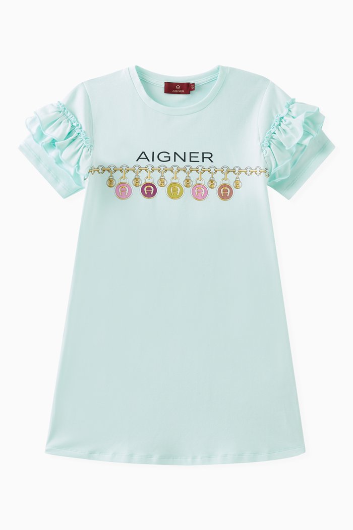 

Ruffled Logo Dress in Cotton, Blue