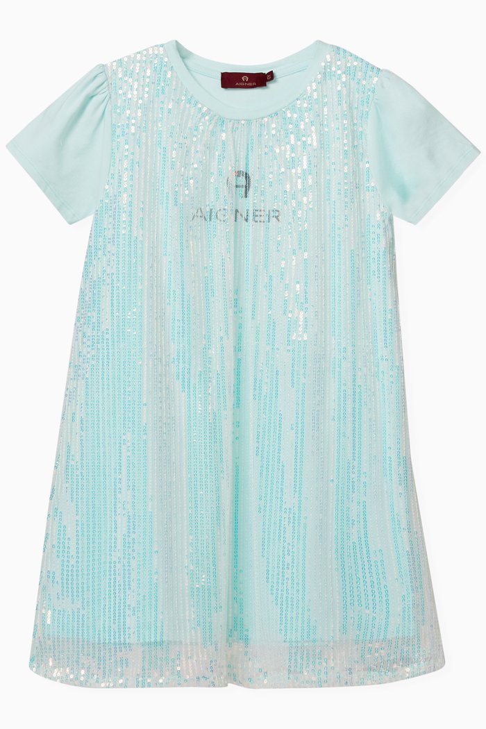 Sequinned T-shirt Dress in Stretch Jersey & Tulle, Blue