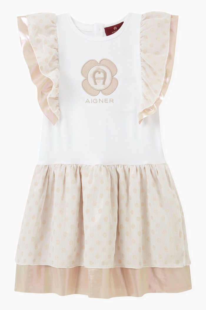 

Logo Frilled Dress in Cotton, White