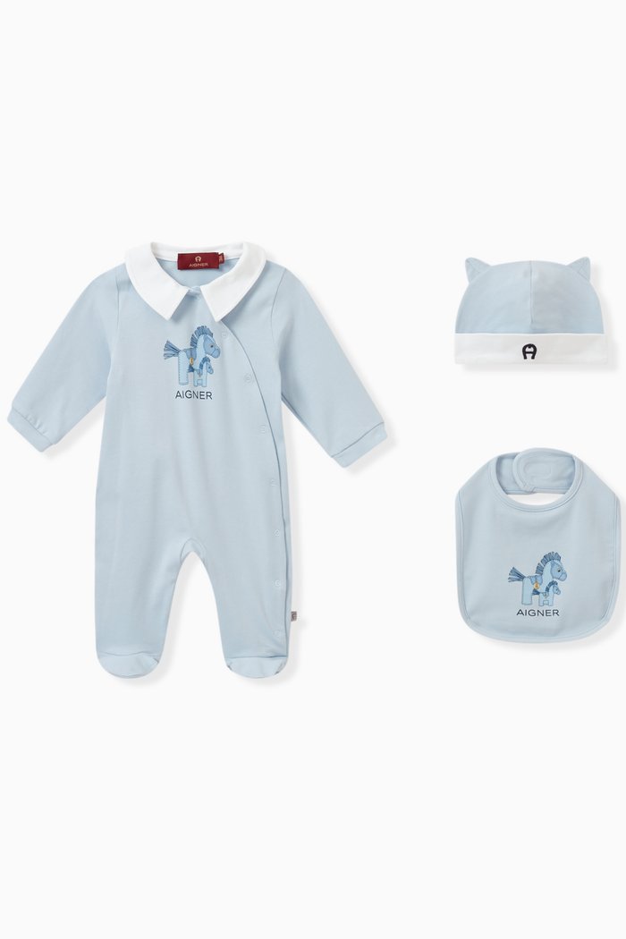 

Logo Print Sleepsuit, Hat & Bib Set, Blue