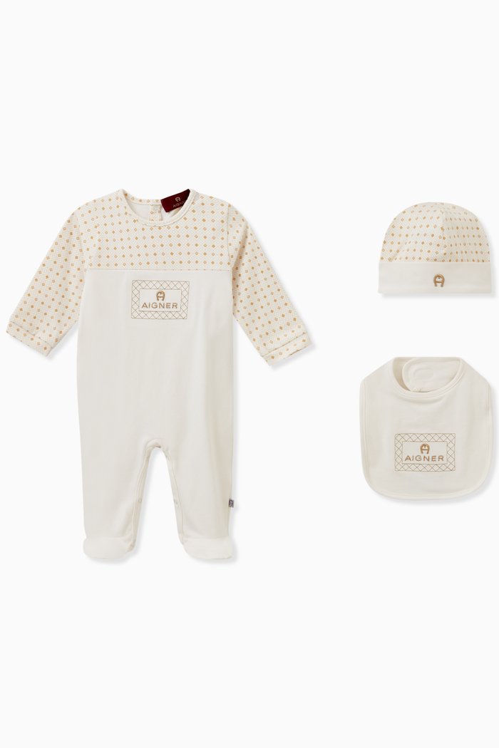 

Logo Print Sleepsuit in Pima Cotton, Set of Three, Neutral
