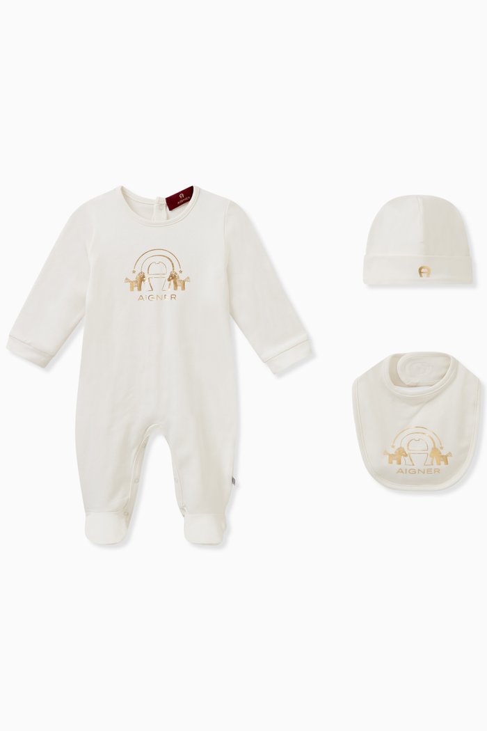 

Logo Print Sleepsuit in Pima Cotton, Set of Three, Neutral