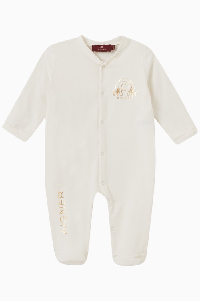 Metallic Logo Sleepsuit in Stretch Cotton, Neutral