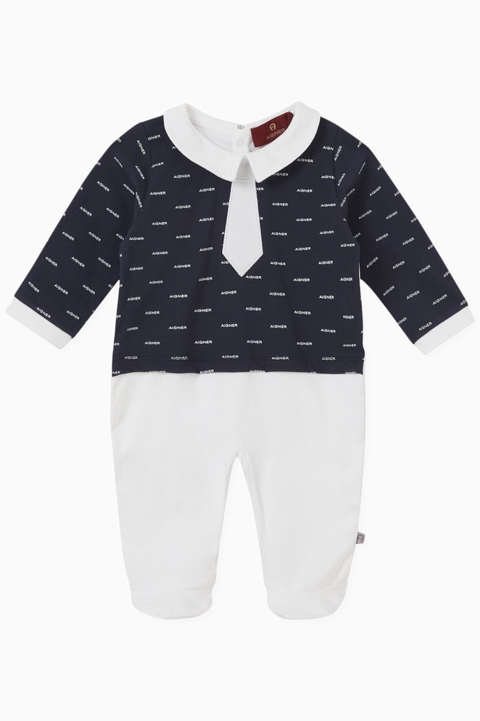 Logo Colour-block Babysuit in Cotton Jersey, Blue