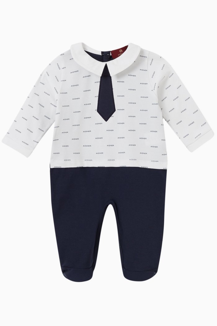 Logo Colour-block Babysuit in Cotton Jersey, White