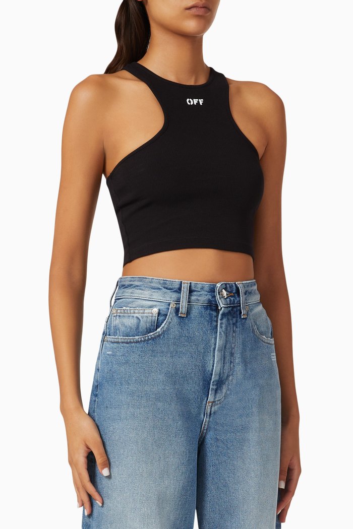 

Logo Rowing Top in Ribbed Jersey, Black