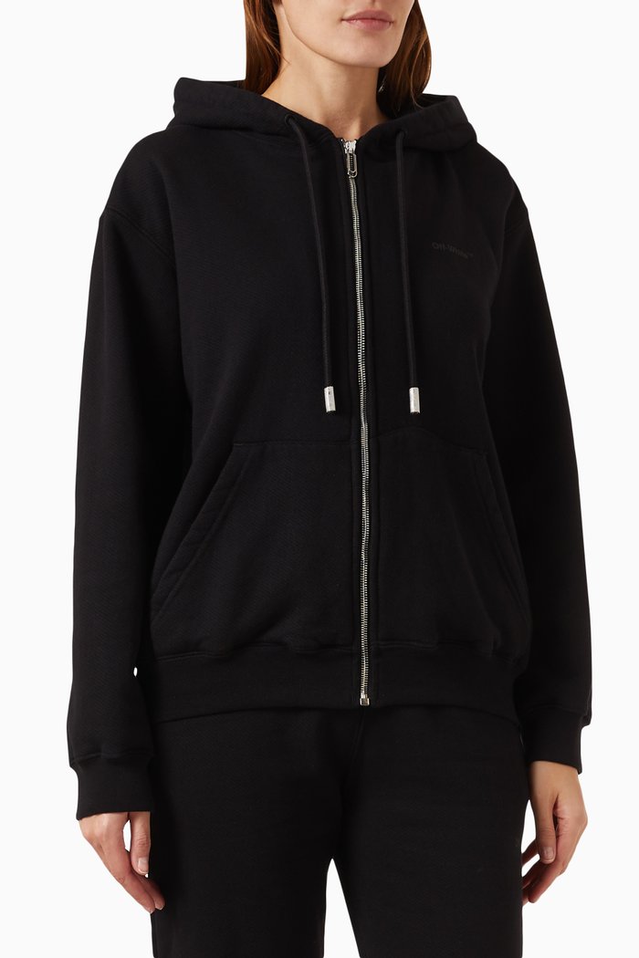 

Diagonal Striped Zip-up Hoodie in Cotton, Black